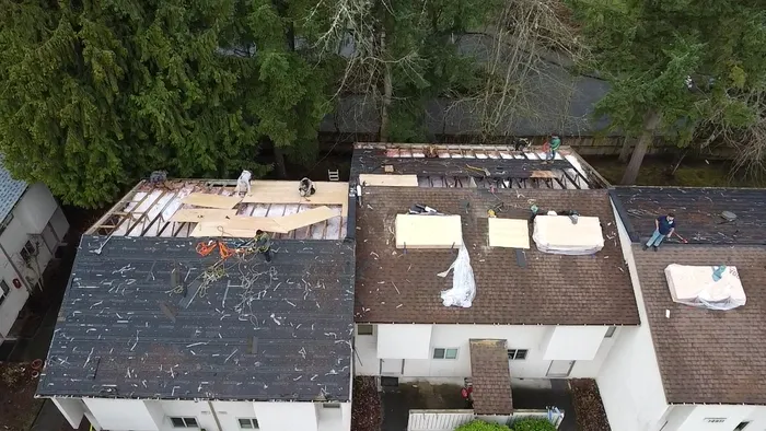 Rainier crew replacing a condominium roof in Bellevue, WA